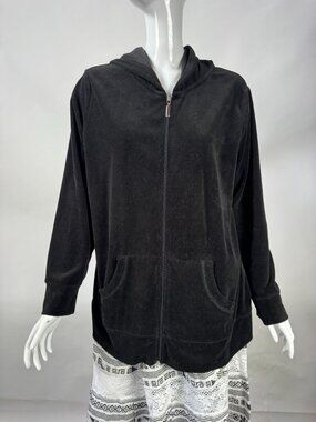 Faded Glory Black Velour Zip-Up Hoodie Jacket 1X Womens Long Sleeve Casual Soft